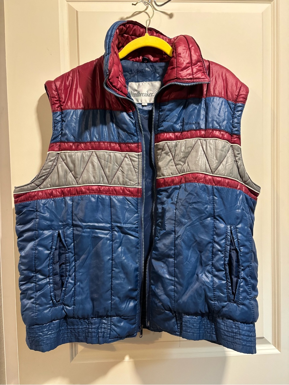 Vintage Windbreaker Puffer Vest Men’s L Blue Burgundy Silver Colorblock Retro
